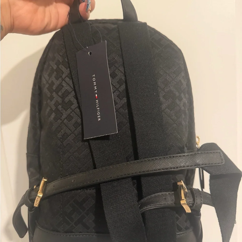 Tommy Hilfiger Black Monogram Backpack with Gold Star Charm